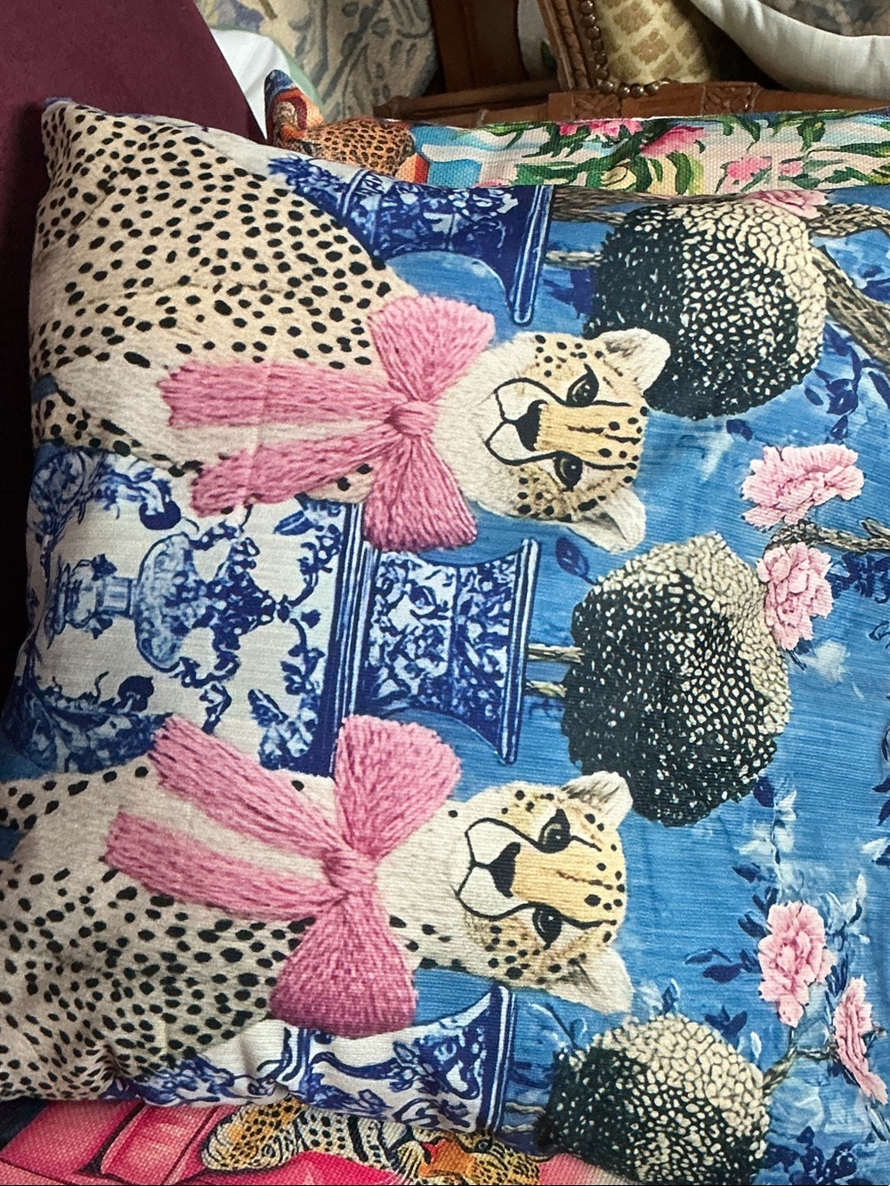 Blue Decorative Cheetah Accent Pillow with Pink Bow